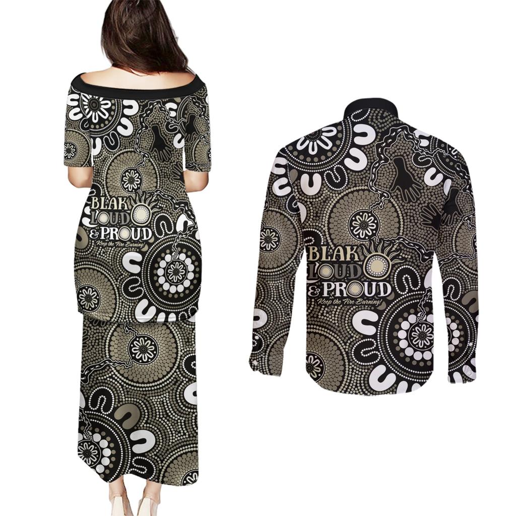 NAIDOC Week 2024 Fire Burning Couples Matching Puletasi and Long Sleeve Button Shirt Aboriginal Dots Black Art
