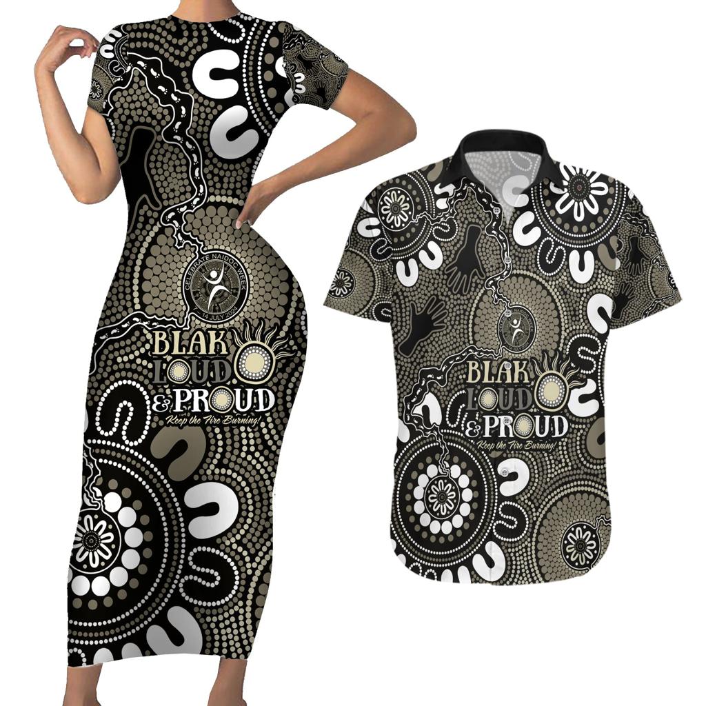 NAIDOC Week 2024 Fire Burning Couples Matching Short Sleeve Bodycon Dress and Hawaiian Shirt Aboriginal Dots Black Art