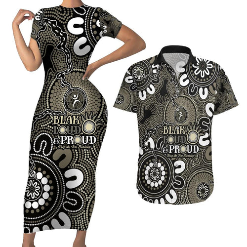 NAIDOC Week 2024 Fire Burning Couples Matching Short Sleeve Bodycon Dress and Hawaiian Shirt Aboriginal Dots Black Art