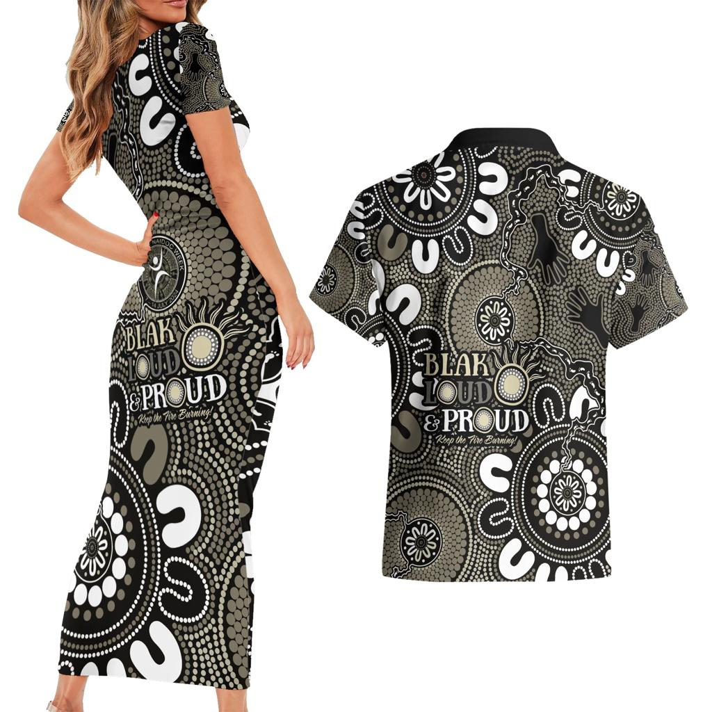 NAIDOC Week 2024 Fire Burning Couples Matching Short Sleeve Bodycon Dress and Hawaiian Shirt Aboriginal Dots Black Art