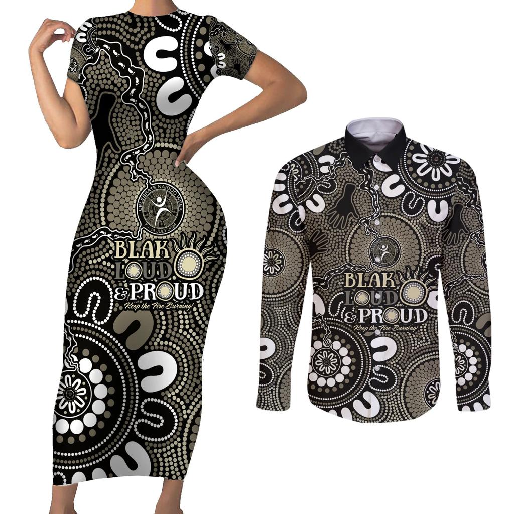 NAIDOC Week 2024 Fire Burning Couples Matching Short Sleeve Bodycon Dress and Long Sleeve Button Shirt Aboriginal Dots Black Art