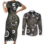 NAIDOC Week 2024 Fire Burning Couples Matching Short Sleeve Bodycon Dress and Long Sleeve Button Shirt Aboriginal Dots Black Art