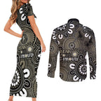 NAIDOC Week 2024 Fire Burning Couples Matching Short Sleeve Bodycon Dress and Long Sleeve Button Shirt Aboriginal Dots Black Art