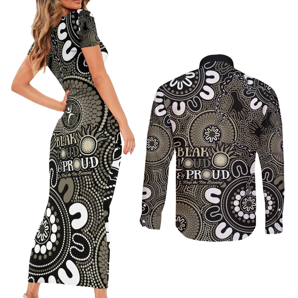 NAIDOC Week 2024 Fire Burning Couples Matching Short Sleeve Bodycon Dress and Long Sleeve Button Shirt Aboriginal Dots Black Art