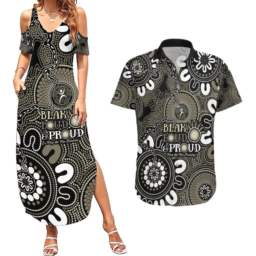 NAIDOC Week 2024 Fire Burning Couples Matching Summer Maxi Dress and Hawaiian Shirt Aboriginal Dots Black Art