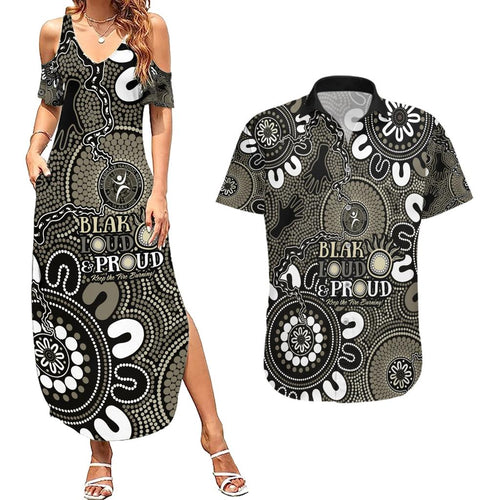 NAIDOC Week 2024 Fire Burning Couples Matching Summer Maxi Dress and Hawaiian Shirt Aboriginal Dots Black Art