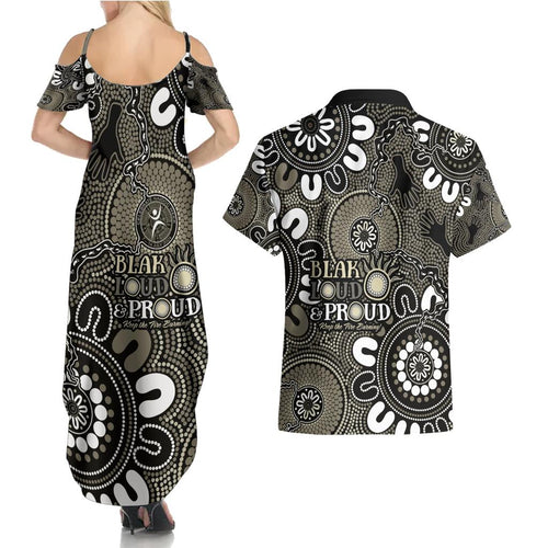 NAIDOC Week 2024 Fire Burning Couples Matching Summer Maxi Dress and Hawaiian Shirt Aboriginal Dots Black Art