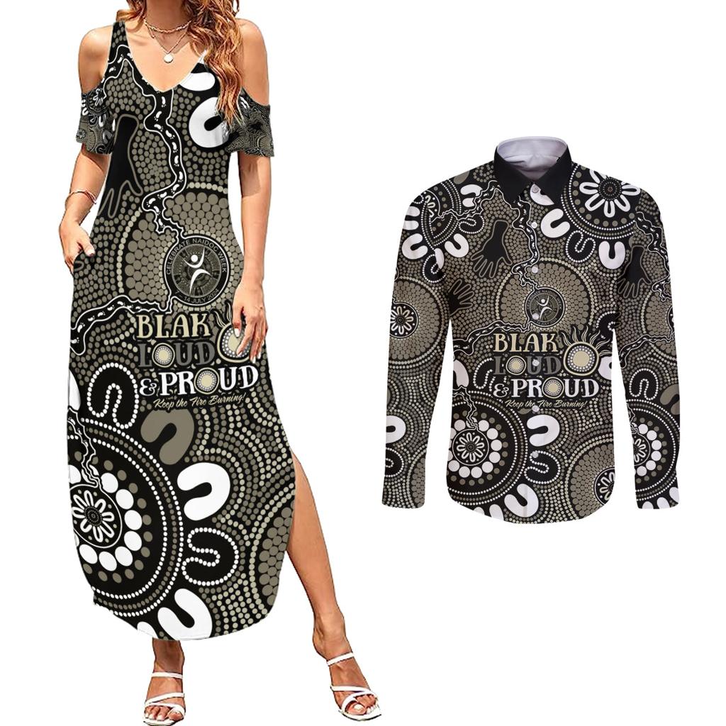 NAIDOC Week 2024 Fire Burning Couples Matching Summer Maxi Dress and Long Sleeve Button Shirt Aboriginal Dots Black Art