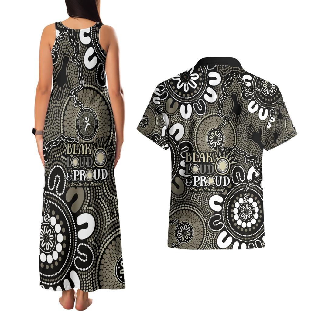 NAIDOC Week 2024 Fire Burning Couples Matching Tank Maxi Dress and Hawaiian Shirt Aboriginal Dots Black Art