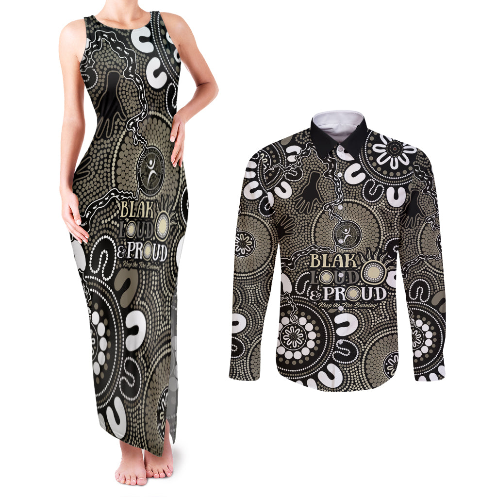 NAIDOC Week 2024 Fire Burning Couples Matching Tank Maxi Dress and Long Sleeve Button Shirt Aboriginal Dots Black Art