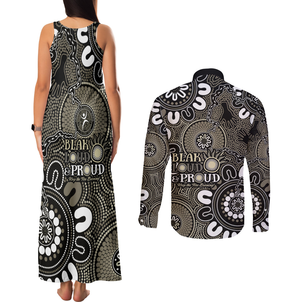 NAIDOC Week 2024 Fire Burning Couples Matching Tank Maxi Dress and Long Sleeve Button Shirt Aboriginal Dots Black Art