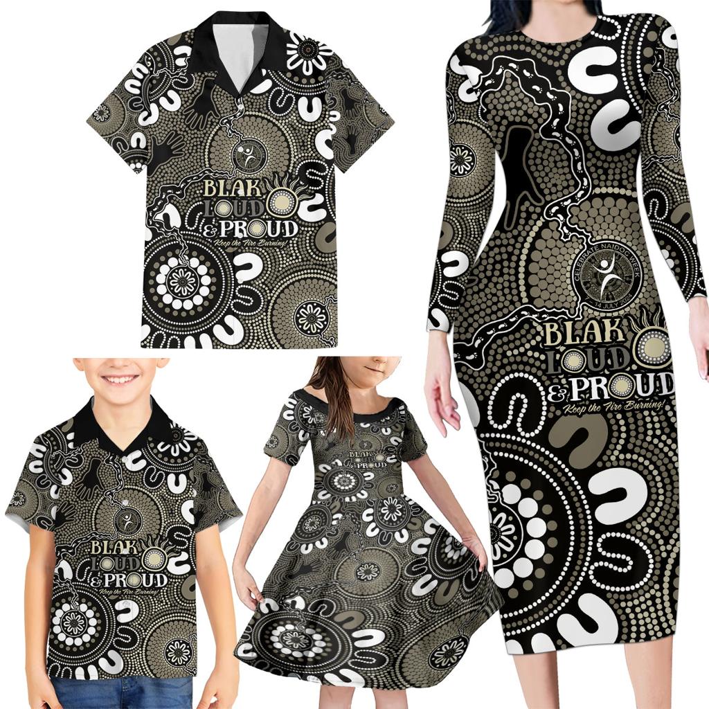 NAIDOC Week 2024 Fire Burning Family Matching Long Sleeve Bodycon Dress and Hawaiian Shirt Aboriginal Dots Black Art