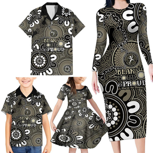 NAIDOC Week 2024 Fire Burning Family Matching Long Sleeve Bodycon Dress and Hawaiian Shirt Aboriginal Dots Black Art