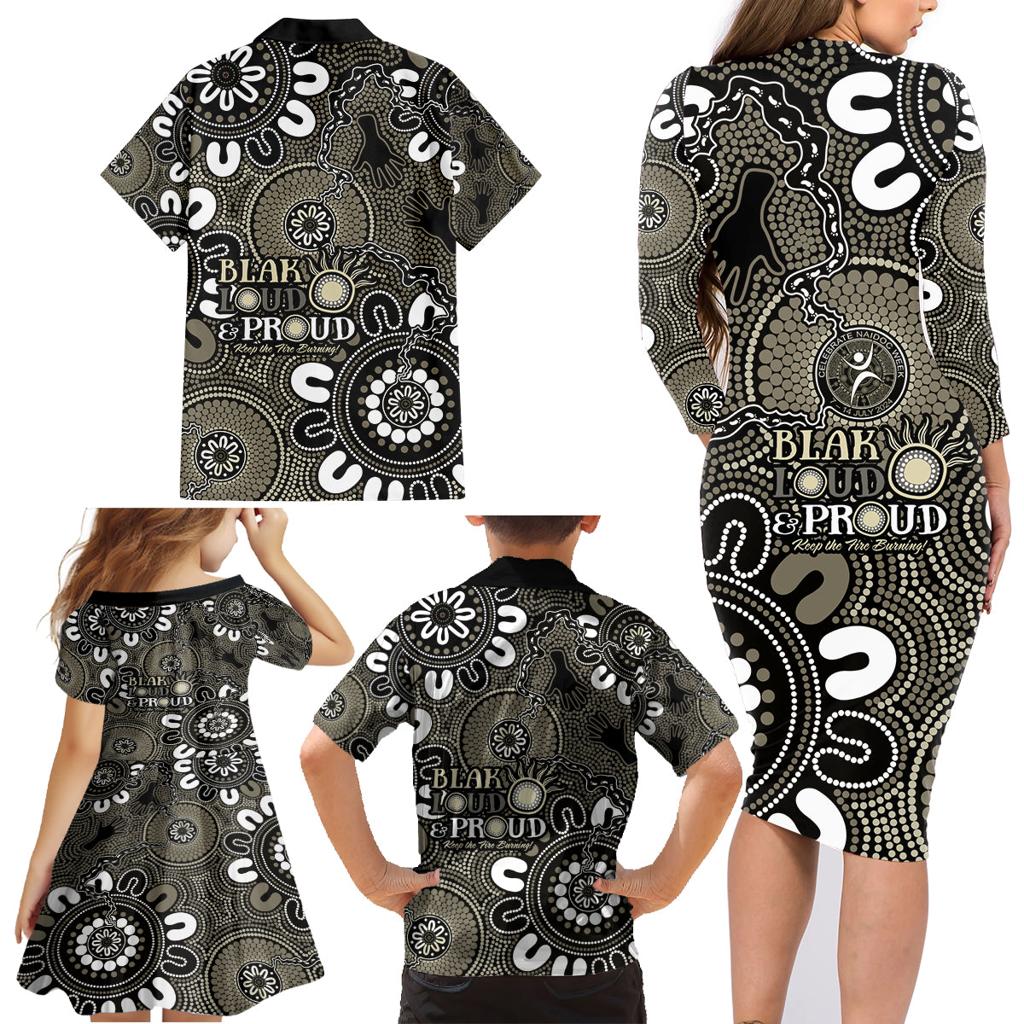 NAIDOC Week 2024 Fire Burning Family Matching Long Sleeve Bodycon Dress and Hawaiian Shirt Aboriginal Dots Black Art