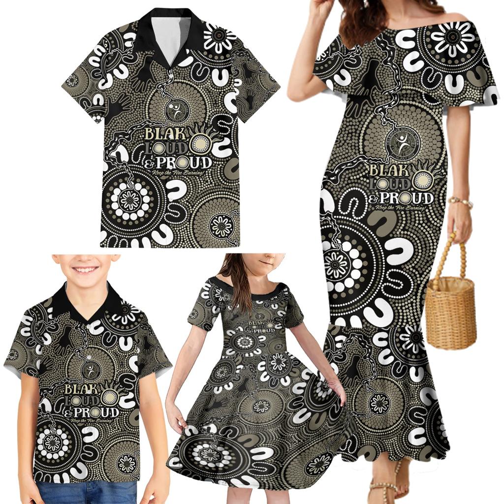 NAIDOC Week 2024 Fire Burning Family Matching Mermaid Dress and Hawaiian Shirt Aboriginal Dots Black Art