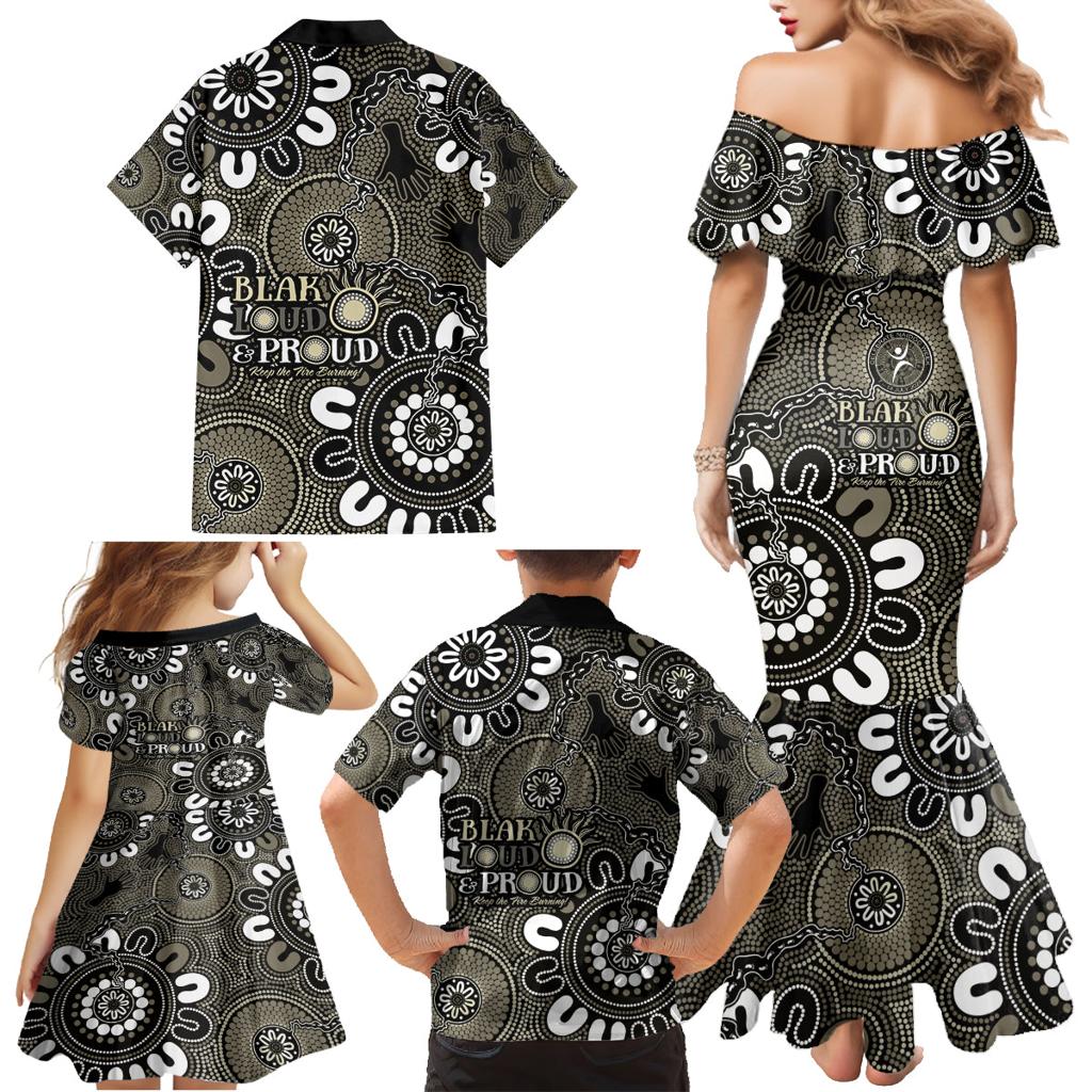 NAIDOC Week 2024 Fire Burning Family Matching Mermaid Dress and Hawaiian Shirt Aboriginal Dots Black Art