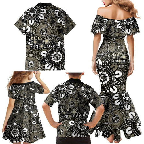 NAIDOC Week 2024 Fire Burning Family Matching Mermaid Dress and Hawaiian Shirt Aboriginal Dots Black Art