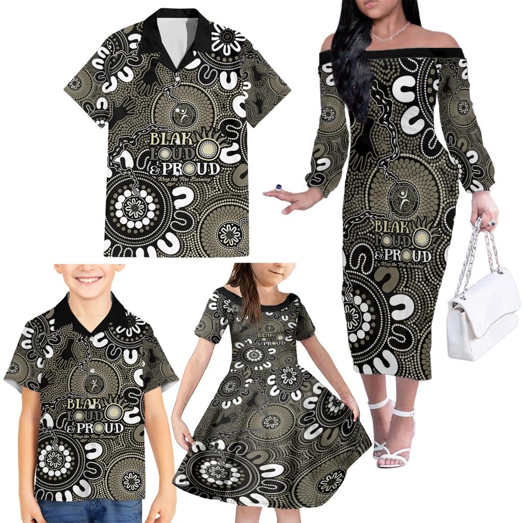 NAIDOC Week 2024 Fire Burning Family Matching Off The Shoulder Long Sleeve Dress and Hawaiian Shirt Aboriginal Dots Black Art