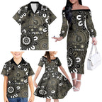 NAIDOC Week 2024 Fire Burning Family Matching Off The Shoulder Long Sleeve Dress and Hawaiian Shirt Aboriginal Dots Black Art