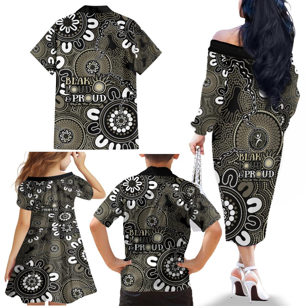 NAIDOC Week 2024 Fire Burning Family Matching Off The Shoulder Long Sleeve Dress and Hawaiian Shirt Aboriginal Dots Black Art