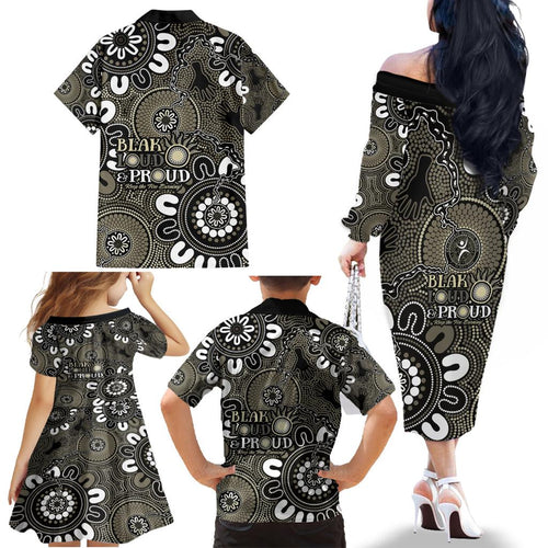 NAIDOC Week 2024 Fire Burning Family Matching Off The Shoulder Long Sleeve Dress and Hawaiian Shirt Aboriginal Dots Black Art