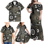 NAIDOC Week 2024 Fire Burning Family Matching Off Shoulder Maxi Dress and Hawaiian Shirt Aboriginal Dots Black Art