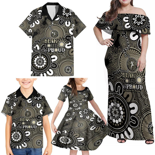 NAIDOC Week 2024 Fire Burning Family Matching Off Shoulder Maxi Dress and Hawaiian Shirt Aboriginal Dots Black Art
