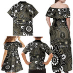 NAIDOC Week 2024 Fire Burning Family Matching Off Shoulder Maxi Dress and Hawaiian Shirt Aboriginal Dots Black Art