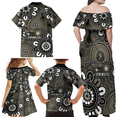 NAIDOC Week 2024 Fire Burning Family Matching Off Shoulder Maxi Dress and Hawaiian Shirt Aboriginal Dots Black Art