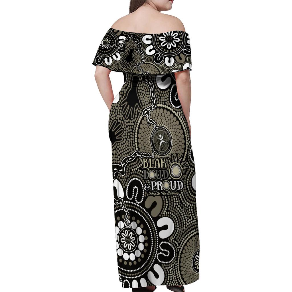 NAIDOC Week 2024 Fire Burning Family Matching Off Shoulder Maxi Dress and Hawaiian Shirt Aboriginal Dots Black Art