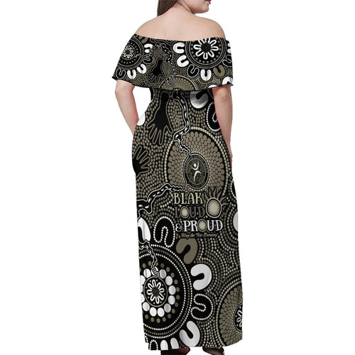 NAIDOC Week 2024 Fire Burning Family Matching Off Shoulder Maxi Dress and Hawaiian Shirt Aboriginal Dots Black Art