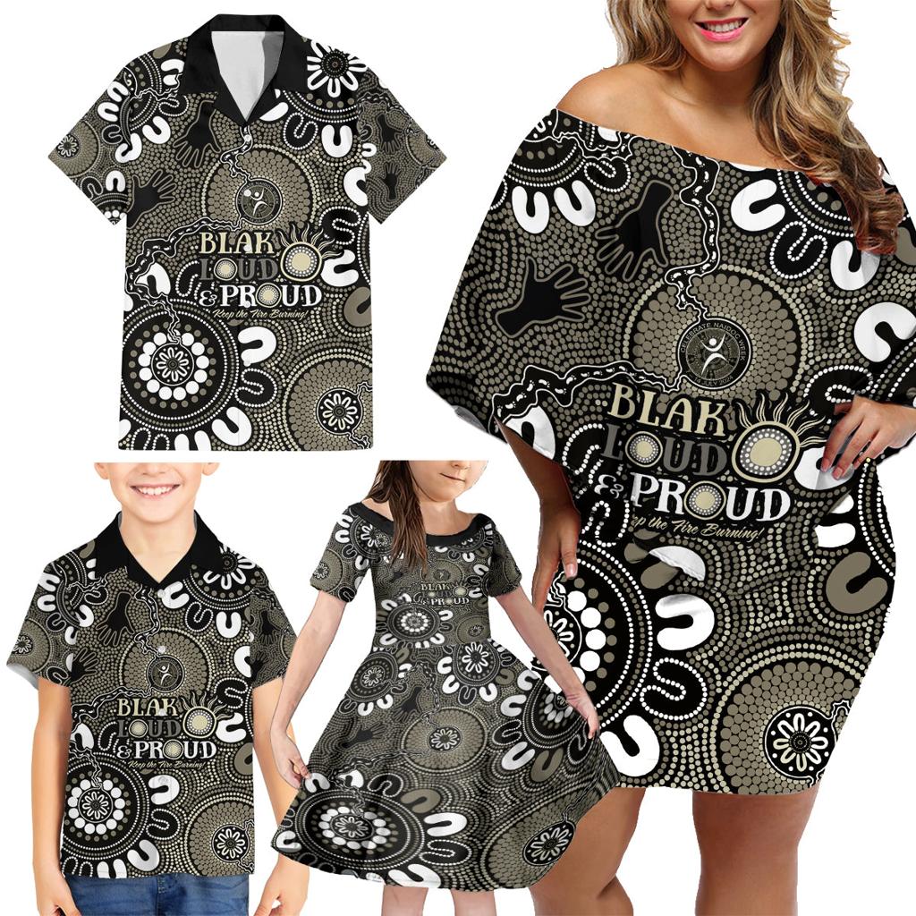 NAIDOC Week 2024 Fire Burning Family Matching Off Shoulder Short Dress and Hawaiian Shirt Aboriginal Dots Black Art