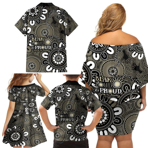 NAIDOC Week 2024 Fire Burning Family Matching Off Shoulder Short Dress and Hawaiian Shirt Aboriginal Dots Black Art