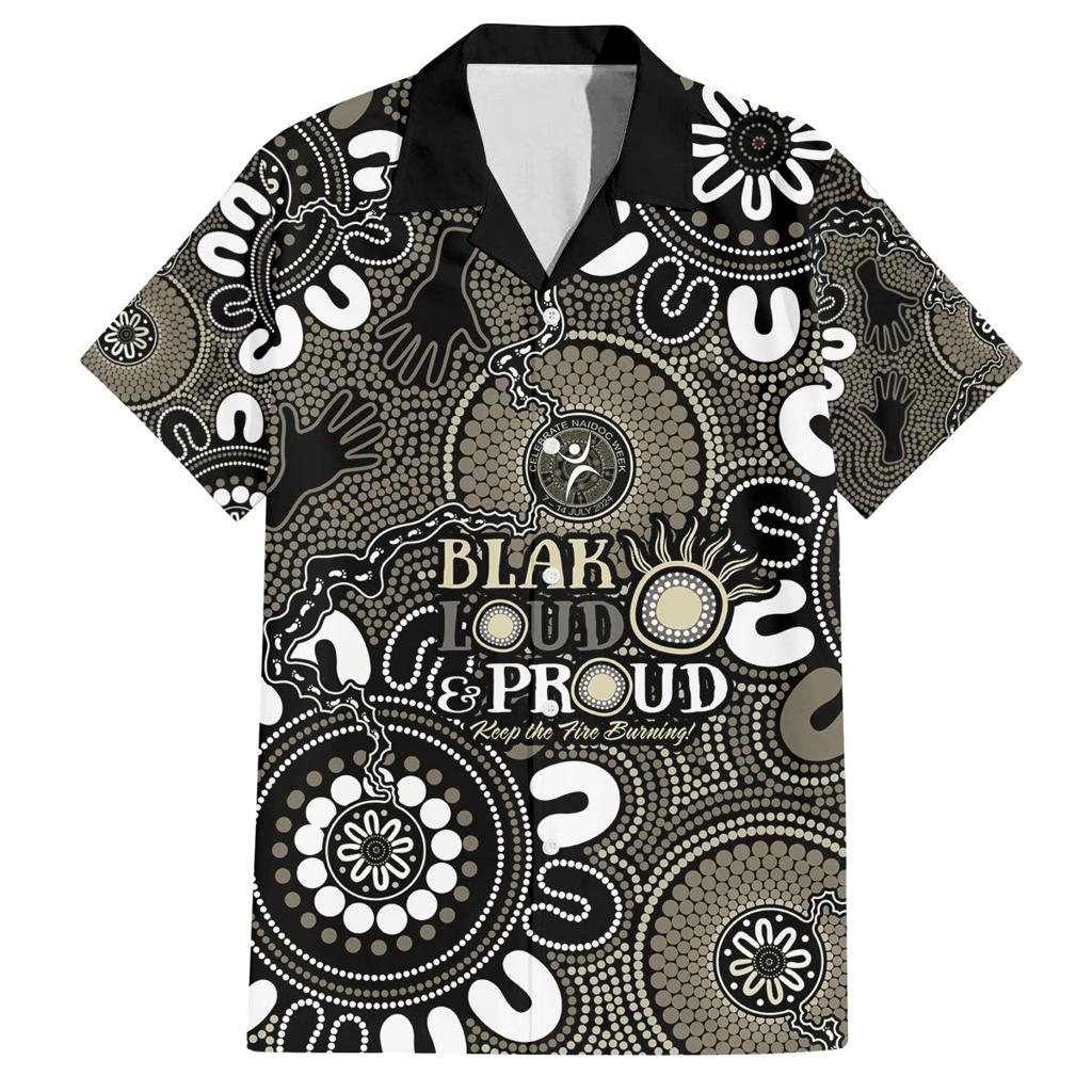 NAIDOC Week 2024 Fire Burning Family Matching Off Shoulder Short Dress and Hawaiian Shirt Aboriginal Dots Black Art
