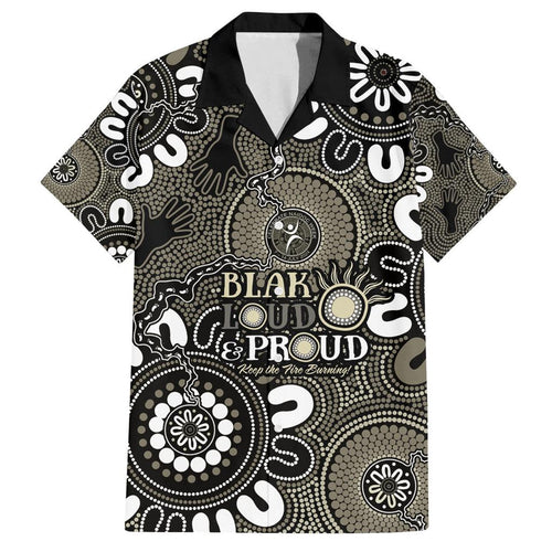 NAIDOC Week 2024 Fire Burning Family Matching Off Shoulder Short Dress and Hawaiian Shirt Aboriginal Dots Black Art