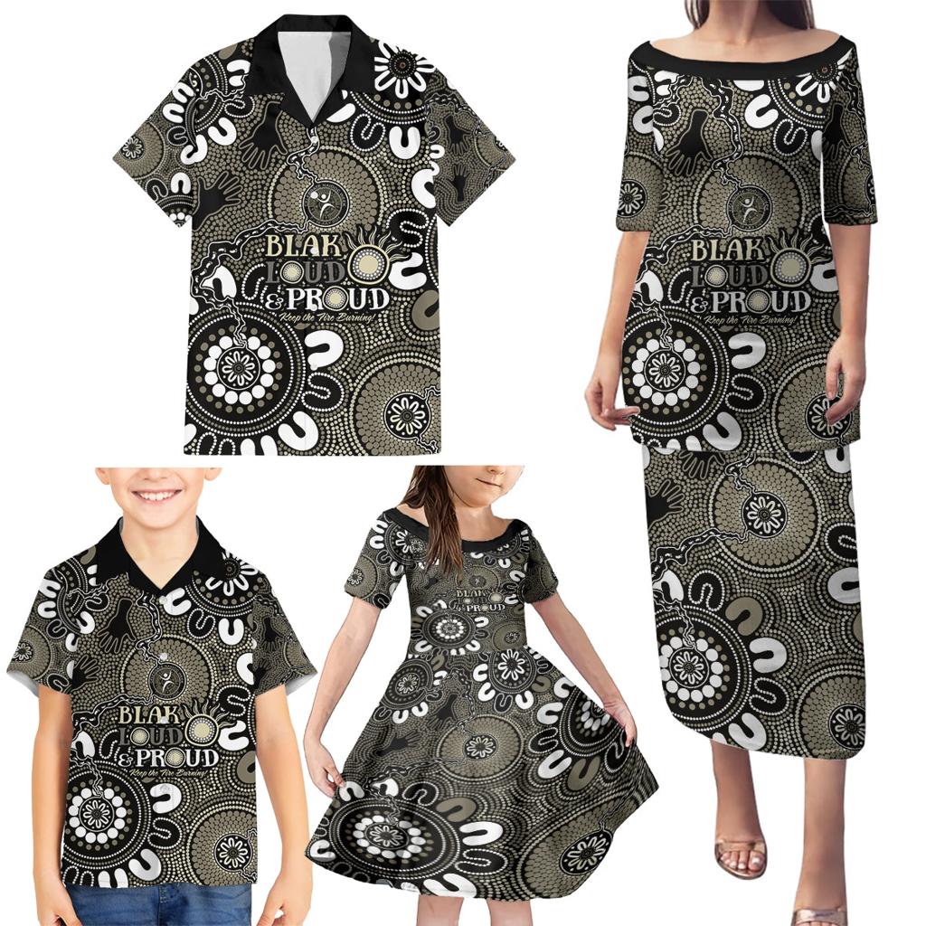 NAIDOC Week 2024 Fire Burning Family Matching Puletasi and Hawaiian Shirt Aboriginal Dots Black Art