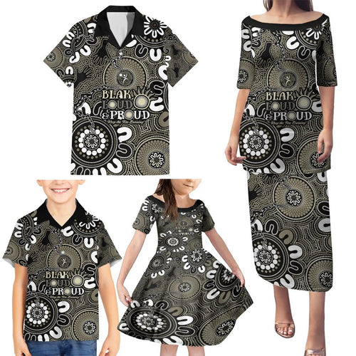 NAIDOC Week 2024 Fire Burning Family Matching Puletasi and Hawaiian Shirt Aboriginal Dots Black Art