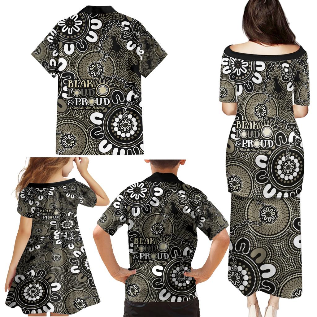NAIDOC Week 2024 Fire Burning Family Matching Puletasi and Hawaiian Shirt Aboriginal Dots Black Art