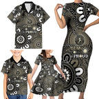 NAIDOC Week 2024 Fire Burning Family Matching Short Sleeve Bodycon Dress and Hawaiian Shirt Aboriginal Dots Black Art
