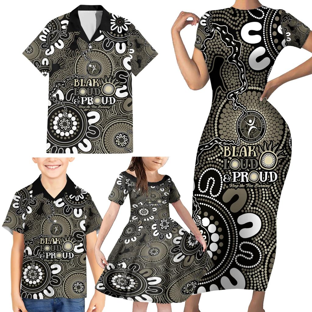 NAIDOC Week 2024 Fire Burning Family Matching Short Sleeve Bodycon Dress and Hawaiian Shirt Aboriginal Dots Black Art