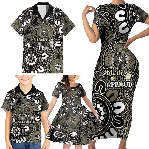 NAIDOC Week 2024 Fire Burning Family Matching Short Sleeve Bodycon Dress and Hawaiian Shirt Aboriginal Dots Black Art
