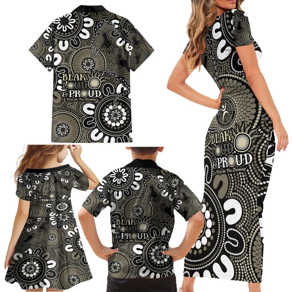 NAIDOC Week 2024 Fire Burning Family Matching Short Sleeve Bodycon Dress and Hawaiian Shirt Aboriginal Dots Black Art