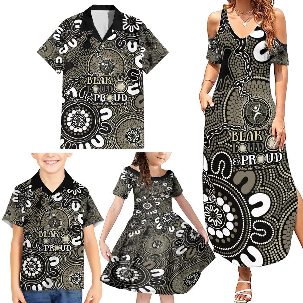 NAIDOC Week 2024 Fire Burning Family Matching Summer Maxi Dress and Hawaiian Shirt Aboriginal Dots Black Art