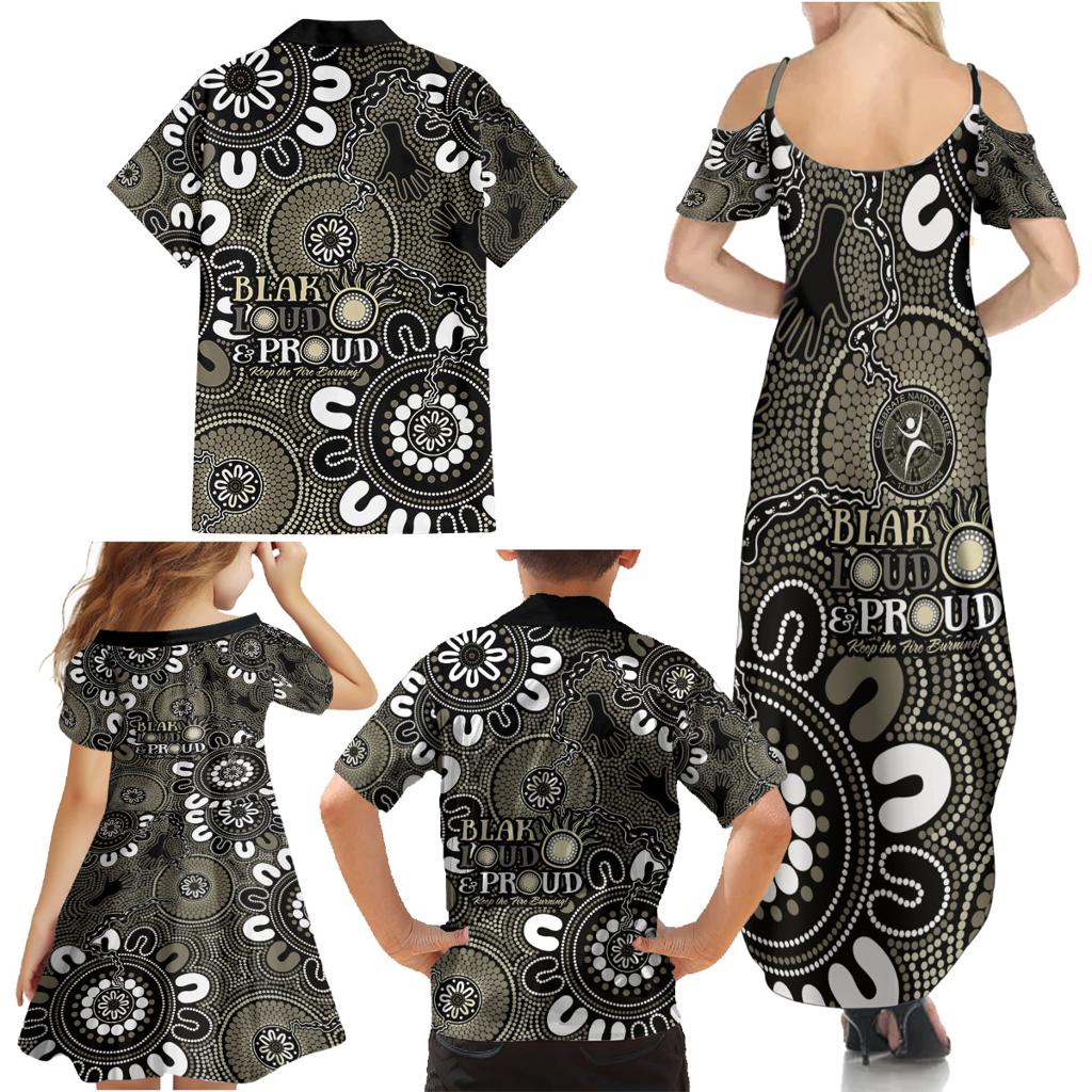 NAIDOC Week 2024 Fire Burning Family Matching Summer Maxi Dress and Hawaiian Shirt Aboriginal Dots Black Art