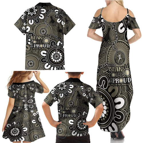 NAIDOC Week 2024 Fire Burning Family Matching Summer Maxi Dress and Hawaiian Shirt Aboriginal Dots Black Art