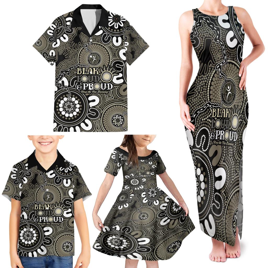 NAIDOC Week 2024 Fire Burning Family Matching Tank Maxi Dress and Hawaiian Shirt Aboriginal Dots Black Art