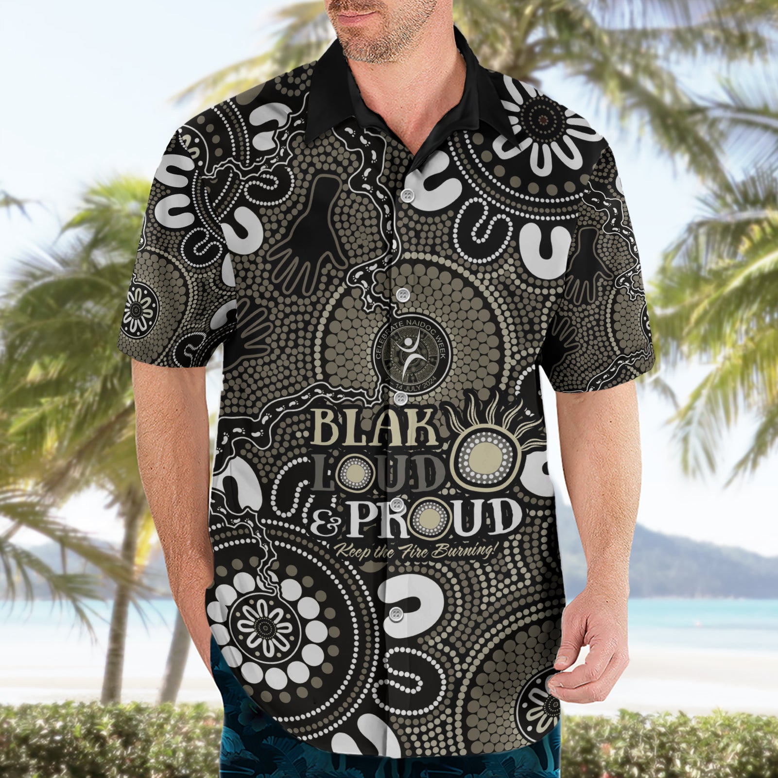 NAIDOC Week 2024 Fire Burning Hawaiian Shirt Aboriginal Dots Black Art