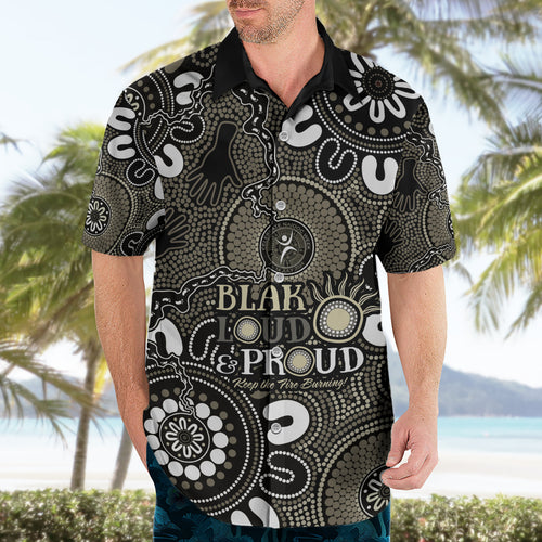 NAIDOC Week 2024 Fire Burning Hawaiian Shirt Aboriginal Dots Black Art