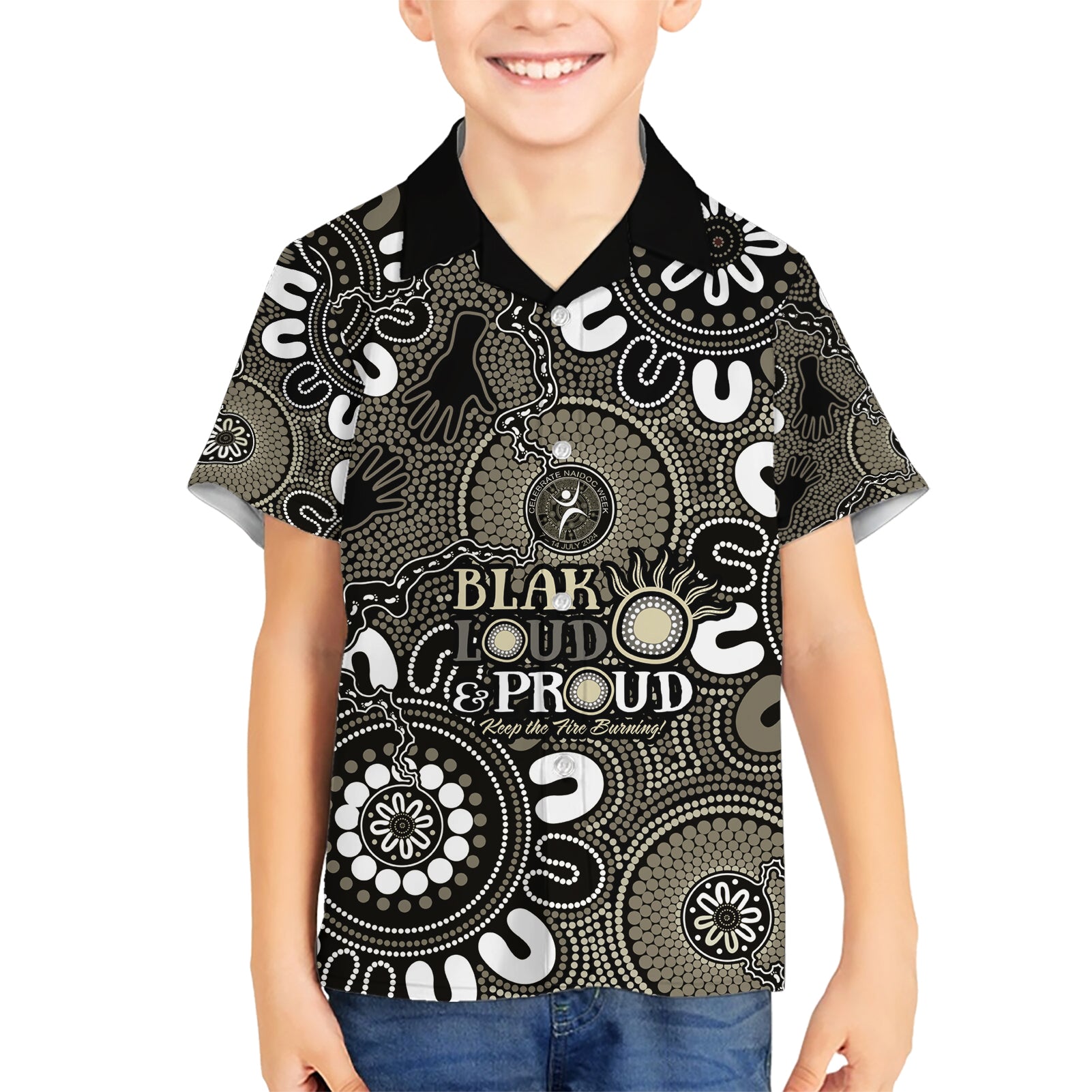 NAIDOC Week 2024 Fire Burning Hawaiian Shirt Aboriginal Dots Black Art