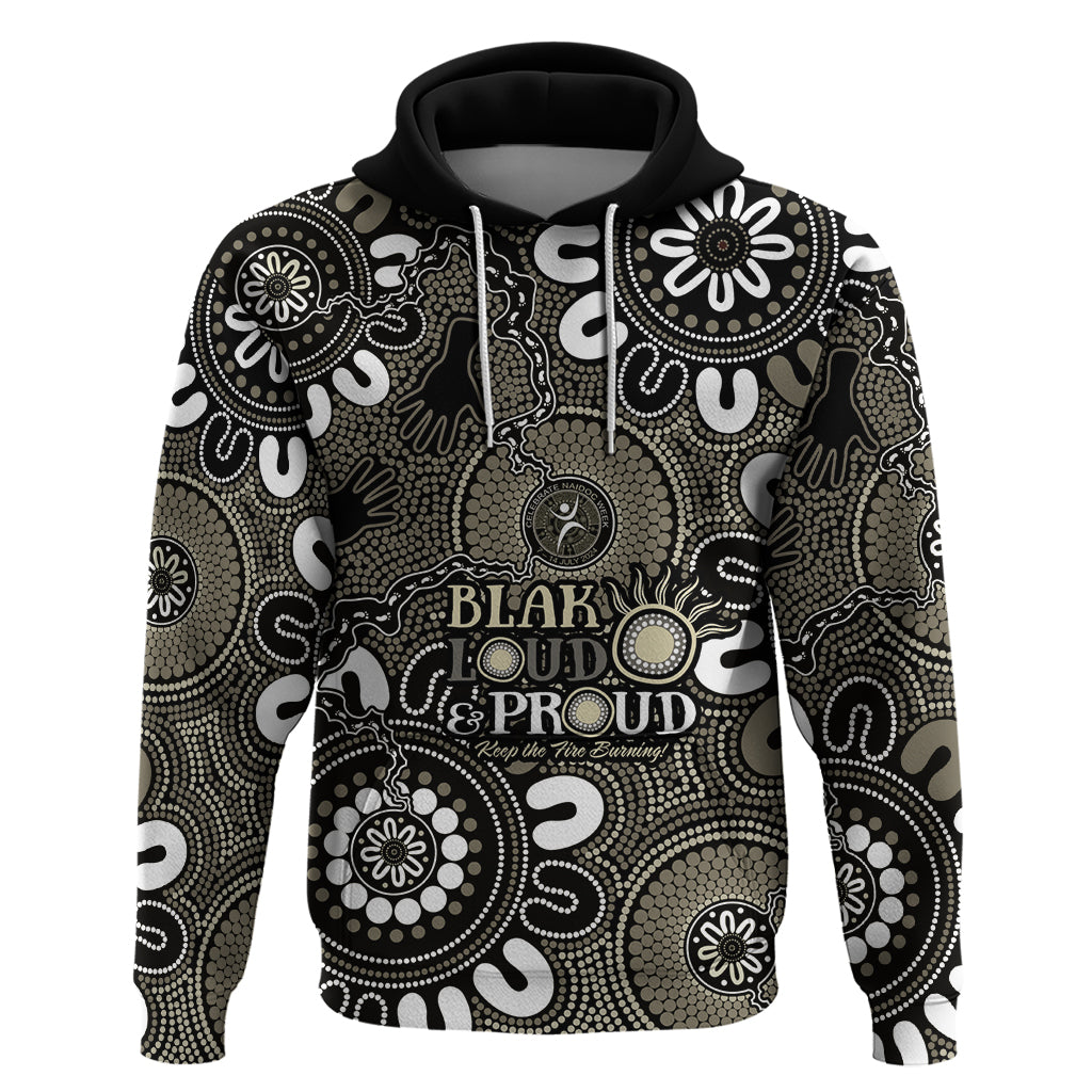 NAIDOC Week 2024 Fire Burning Hoodie Aboriginal Dots Black Art